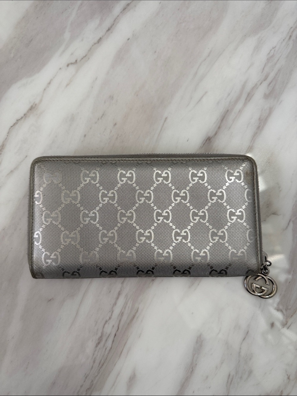 Gucci Metallic Silver GG Zip Wallet with Charm